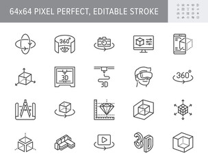 3d vr design line icons. Vector illustration included icon - virtual augmented reality, glasses, ar simulator, printer, prototype outline pictogram for ar. 64x64 Pixel Perfect Editable Stroke © Phoenix Icons
