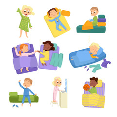 Cute Little Children Sleeping Sweetly in their Beds Set, Bedtime, Sweet Dreams of Adorable Kids Concept Cartoon Style Vector Illustration