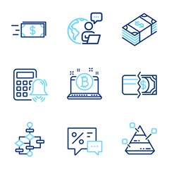 Finance icons set. Included icon as Pyramid chart, Usd currency, Money transfer signs. Payment methods, Block diagram, Bitcoin symbols. Calculator alarm, Discounts line icons. Line icons set. Vector