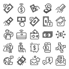 Payment wallet line icons. Set of Accept money transfer, Pay with Phone and Credit card by mail icons. Online payment, Dollar exchange and Fast money send. Private pay, Cash and Wallet. Vector