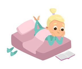 Cute Girl Reading Book in her Bed Before Bedtime Cartoon Style Vector Illustration