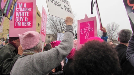 Washington, DC / USA - 01/21/2017: Women's March on Washington pink hats and protest signs, view from the male and female crowd. - obrazy, fototapety, plakaty