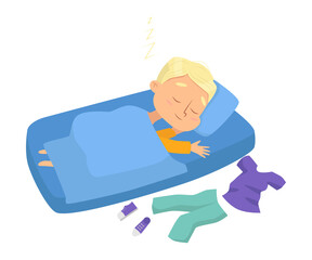 Lovely Little Boy Sleeping Sweetly in his Bed, Bedtime, Sweet Dreams of Adorable Kid Concept Cartoon Style Vector Illustration