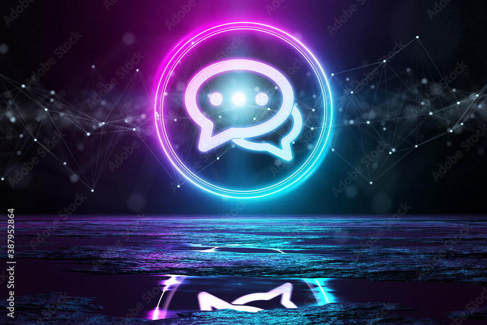 Poster holographic icon in holographic icon illuminating the floor with blue and pink neon light 3d renderi