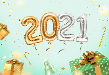 2021 golden decoration holiday on neomint background. Shiny party background with golden and green gifts. Gold foil balloons numeral 2021 and confetti. Happy new year 2021 holiday. Realistic 3d vector