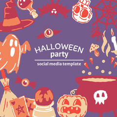 Halloween Party set of magical elements, social media template. Magic hat, bat, skull, candle, pumpkin, playing cards, ghost, snake, mushroom, poison,, knife, web, spider, bone, magic book, candle