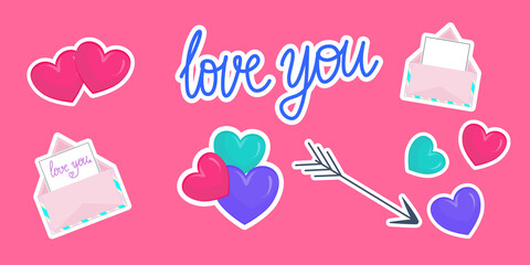 Set of stickers for Valentines day. Hearts, the inscription love you, arrow and envelopes with a confession. Vector illustration in flat cartoon style. Icons with a stroke..