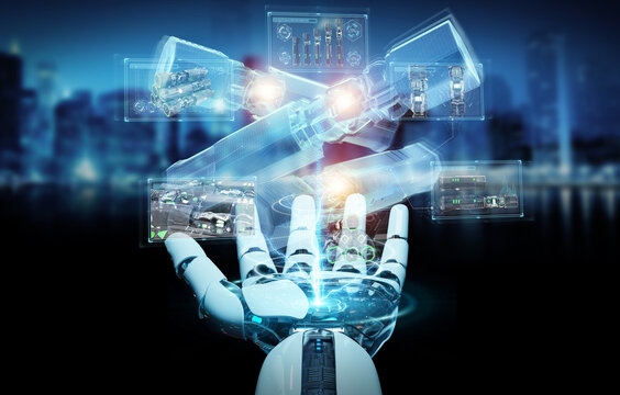 Robot hand holding and touching green renewable energy battery 3D rendering