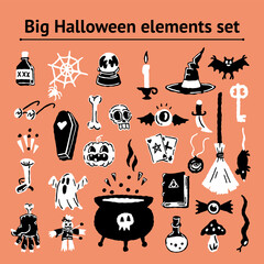 Halloween Elements Doodle Simple set of handdrawing magical elements. Witch hat, bat, skull, pumpkin, magic ball, playing cards, ghost, snake, mushroom, poison,, knife, spider, eye, bone, spellbook