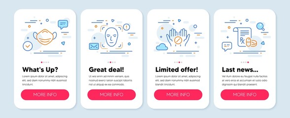 Set of Healthcare icons, such as Face detection, Medical tablet, Medical mask line icons. Mobile app mockup banners. Detect person, Medicine pill, Respirator. Medicine drugs. Vector