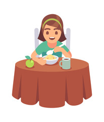 Little girl eating. Smiling hungry toddler sits at table and eats delicious cereal or muesli with spoon on breakfast, healthy food for children, flat vector cartoon isolated character