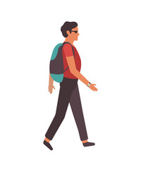 Fototapeta na wymiar Man walking in the city. Modern young happy cartoon male charecter with backpack and sunglasses walks in park, leisure time activities outdoors urban life flat vector illustration