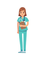Medical staff woman. Doctor or nurse in green uniform and stethoscope, surgeon or pharmacist standing and smiling, dentist professional medic occupation, flat vector cartoon character