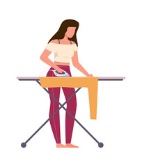 Woman ironing clothes. Female character with electric iron, housework cleaning company service, household activities housekeeping concept flat vector cartoon isolated illustration