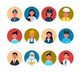 Profession avatar. Professional man and woman in circle stewardess, doctor and policeman, waiter and builder, office worker and chef in uniform round user profile portrait vector set