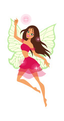 Magical cute fairy. Cartoon female character with butterfly wings flying, fantasy creature with magic stars, myth of kids fairytale pixie, adorable pretty elf flat vector illustration