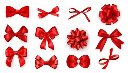 Realistic bow set. Red silk ribbons with bows festive decor satin rose, luxury elements for holiday packaging and design, elegant gift tape 3d vector decor set on white background - obrazy, fototapety, plakaty