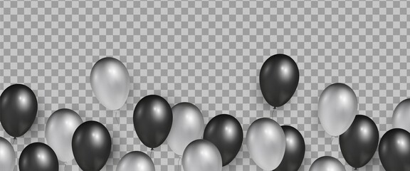 Transparent background with black and silver realistic glossy balloons for Black Friday Sale banners and flyers
