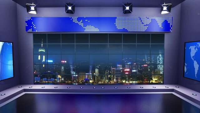 3d virtual news studio with night city background and floodlights Loop