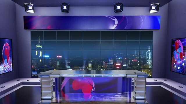 3d virtual news studio. Announcer Table with night city background and floodlights