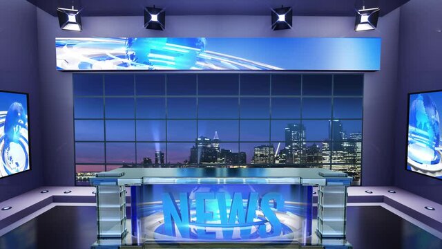 3d virtual news studio. Announcer Table with night city background and floodlights