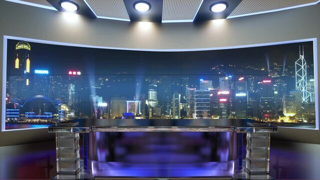 3d virtual news studio. Announcer Table with night city background and floodlights