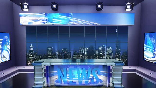 3d virtual news studio. Announcer Table with night city background and floodlights