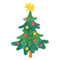 Nice Christmas tree decorated with Christmas balls and a yellow big star on top. Watercolor illustration on white background. Perfect for Christmas and New year greeting cards.