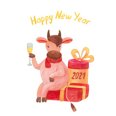 Happy New Year greeting card with a cute cheerful bull or cow drinking champagne. Chinese year of ox 2021. Hand drawn lettering. Watercolor illustration on white background.