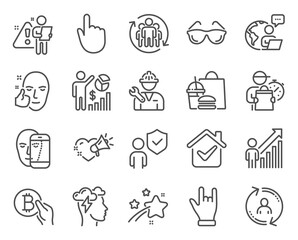 People icons set. Included icon as User info, Employee result, Horns hand signs. Face biometrics, Seo statistics, Teamwork symbols. Love message, Bitcoin pay, Healthy face. Hand click. Vector