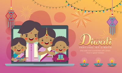 Obraz na płótnie Canvas Cartoon Indian family having video chat on laptop screen. People meeting together via video call to celebrate festival. Virtual conference flat vector. Online holiday party. New normal life.
