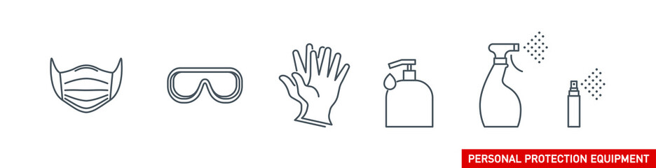 Personal protection equipment icons set - medical mask, latex gloves, soap, dispenser, protective glasses. Coronavirus covid 19 prevention outline symbols. Mask icon illustration with editable stroke