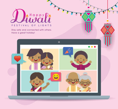 Cartoon Indian Family Having Video Chat On Laptop Screen. People Meeting Together Via Video Call To Celebrate Festival. Virtual Conference Flat Vector. Online Holiday Party During Quarantine.