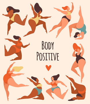 Body positive. Happy overweight women in swimsuits activity poses, charming plus size woman in bikini dancing, fat female characters poster with text, plus size girls vector concept