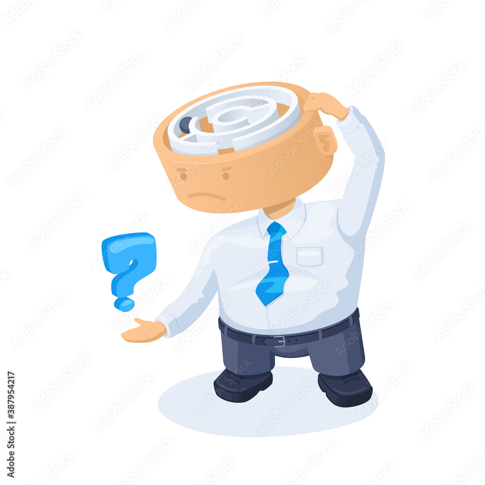 Aufkleber flat vector image on a white background, cartoon character in a business suit with a question mark a