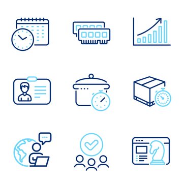 Business icons set. Included icon as Identification card, Ram, Approved group signs. Calendar time, Boiling pan, Seo strategy symbols. Delivery timer, Graph chart line icons. Line icons set. Vector
