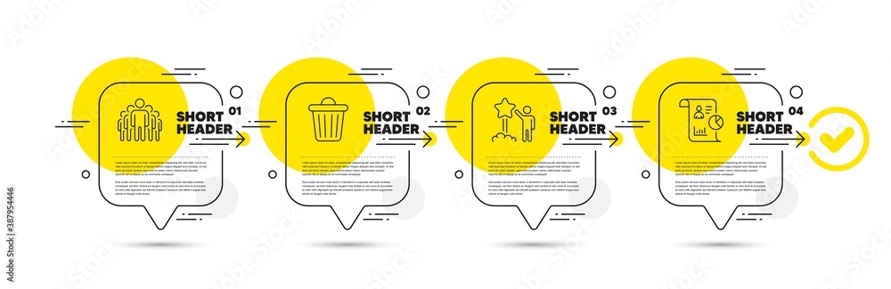 Poster star, trash bin and group line icons set. timeline infograph speech bubble. report sign. launch rati