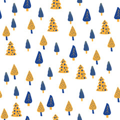 Seamless background. Hand drawn pattern of Christmas holidays. Blue, yellow, brown