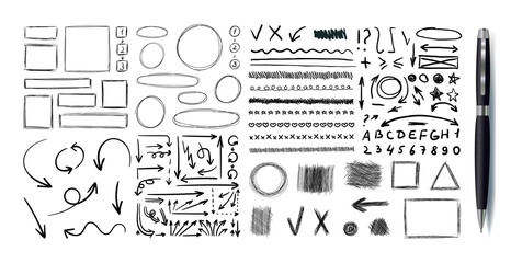 Vector Hand Drawn Set of Planning Elements, Correction Marks, Black 3D Pen and Drawings, Isolated. - obrazy, fototapety, plakaty