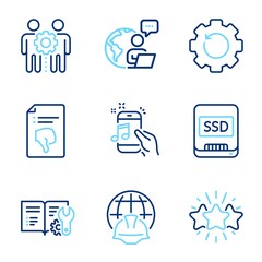 Technology icons set. Included icon as Star, Engineering documentation, Global engineering signs. Thumb down, Music phone, Ssd symbols. Employees teamwork, Recovery gear line icons. Vector