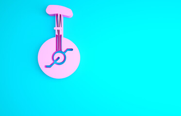 Pink Unicycle or one wheel bicycle icon isolated on blue background. Monowheel bicycle. Minimalism concept. 3d illustration 3D render. © vector_v