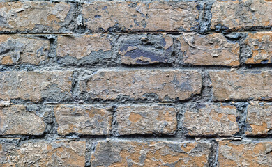 Old, weathered brickwork with crumbling plaster. Background. Vintage.