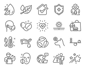 Healthcare icons set. Included icon as Leaf dew, Water drop, Leaves signs. Medical shield, Medical pills, Balance symbols. Veterinary clinic, Wash hands, Family insurance. No sun. Vector
