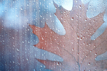 raindrops on glass, view through the window landscape autumn forest, park