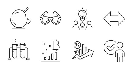 Ice cream, Bitcoin graph and Sunglasses line icons set. Verification person, Loan percent and Sync signs. Business idea, Chemistry beaker symbols. Quality line icons. Ice cream badge. Vector