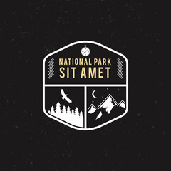 Stamp for national park, mountain camp. Tourism hipster style patch, badge. Expedition emblem. Winter or summer campsite graphic. Campground insignia. Adventure logo for web, print t shirt, tee design