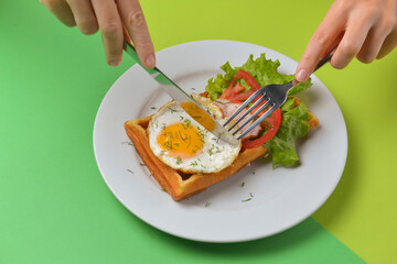 Sour waffle with fried egg and vegetables on a plate. Delicious traditional breakfast idea. Belgian waffle recipe.