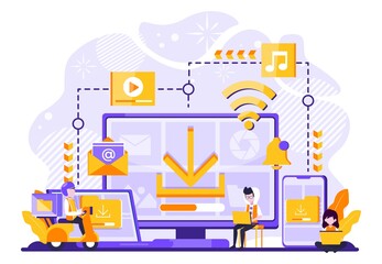 Naklejka premium vector illustration of file storage technology, sharing, remote worker, network industry 4.0. people sharing work file. cloud improvement to transfer is effective and faster. tiny people character