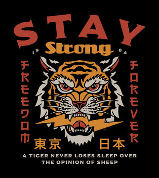 Asian Tiger Head with Lightning Illustration and Tokyo Japan Words in Japanese Letters Vector Artwork on Black Background