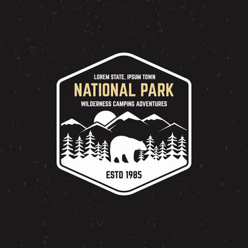 Stamp For National Park, Outdoor Camp. Tourism Hipster Style Patch, Badge. Expedition Emblem. Winter Or Summer Campsite Graphic. Campground Insignia. Adventure Logo For Web, Print T Shirt, Tee Design